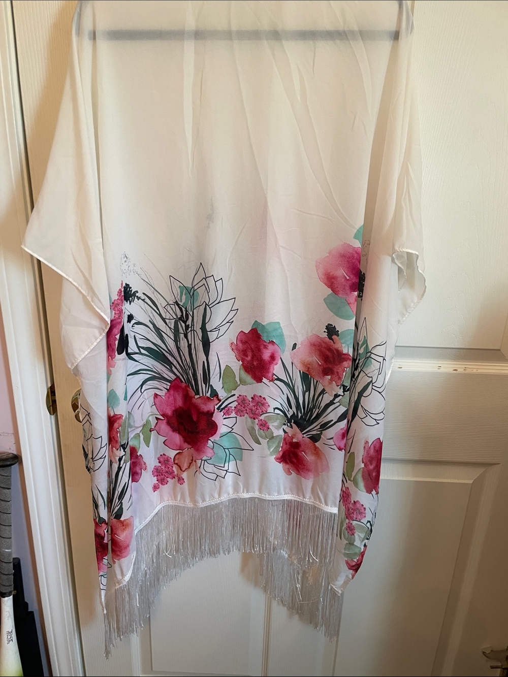Say What? Sheer White Floral Kimono Wrap with Pink and Green Accents - Picture 7 of 10
